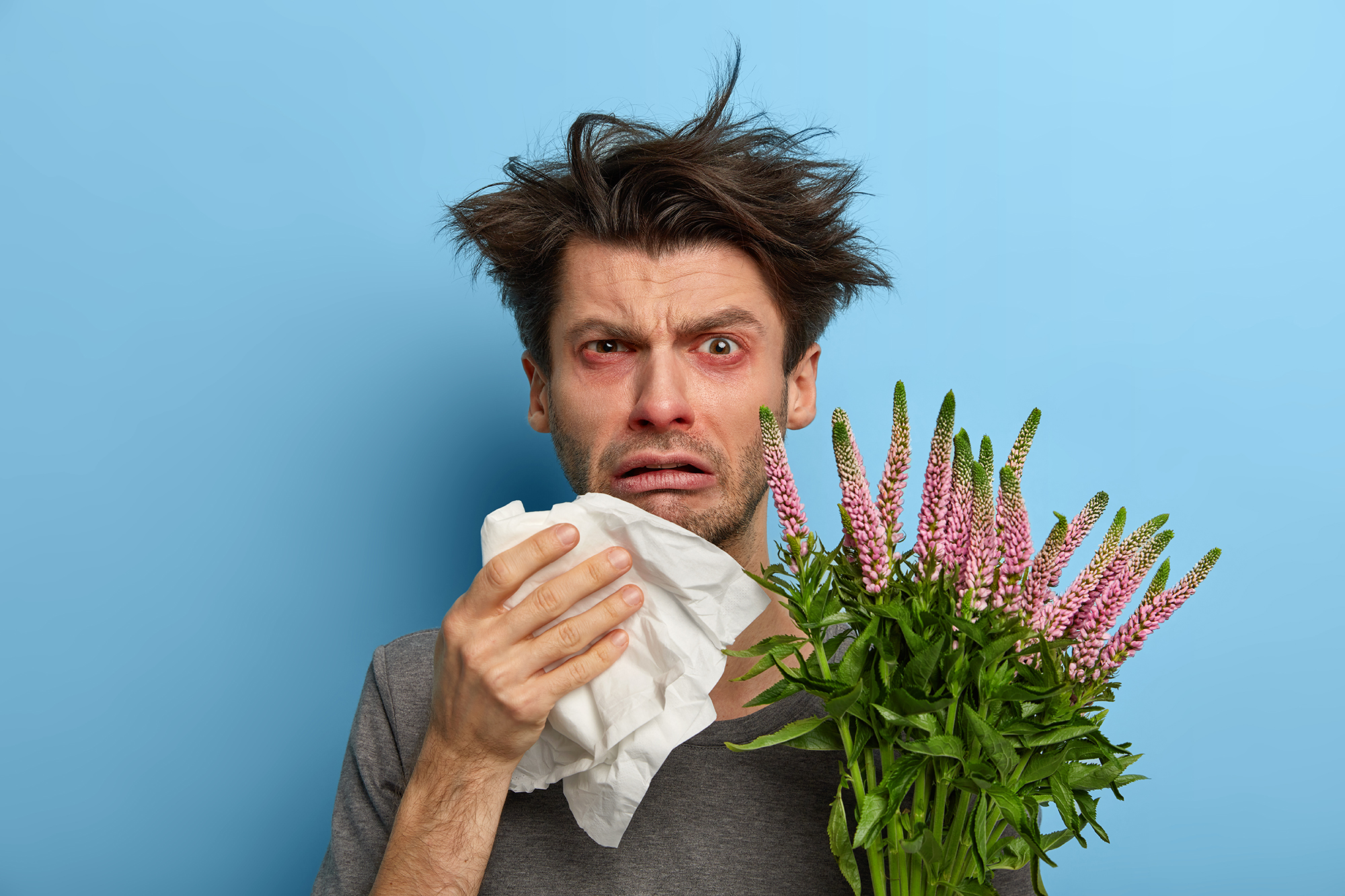 Unwell man suffers from rhinitis and allergy, sneezes in napkin while holds a blooming plant